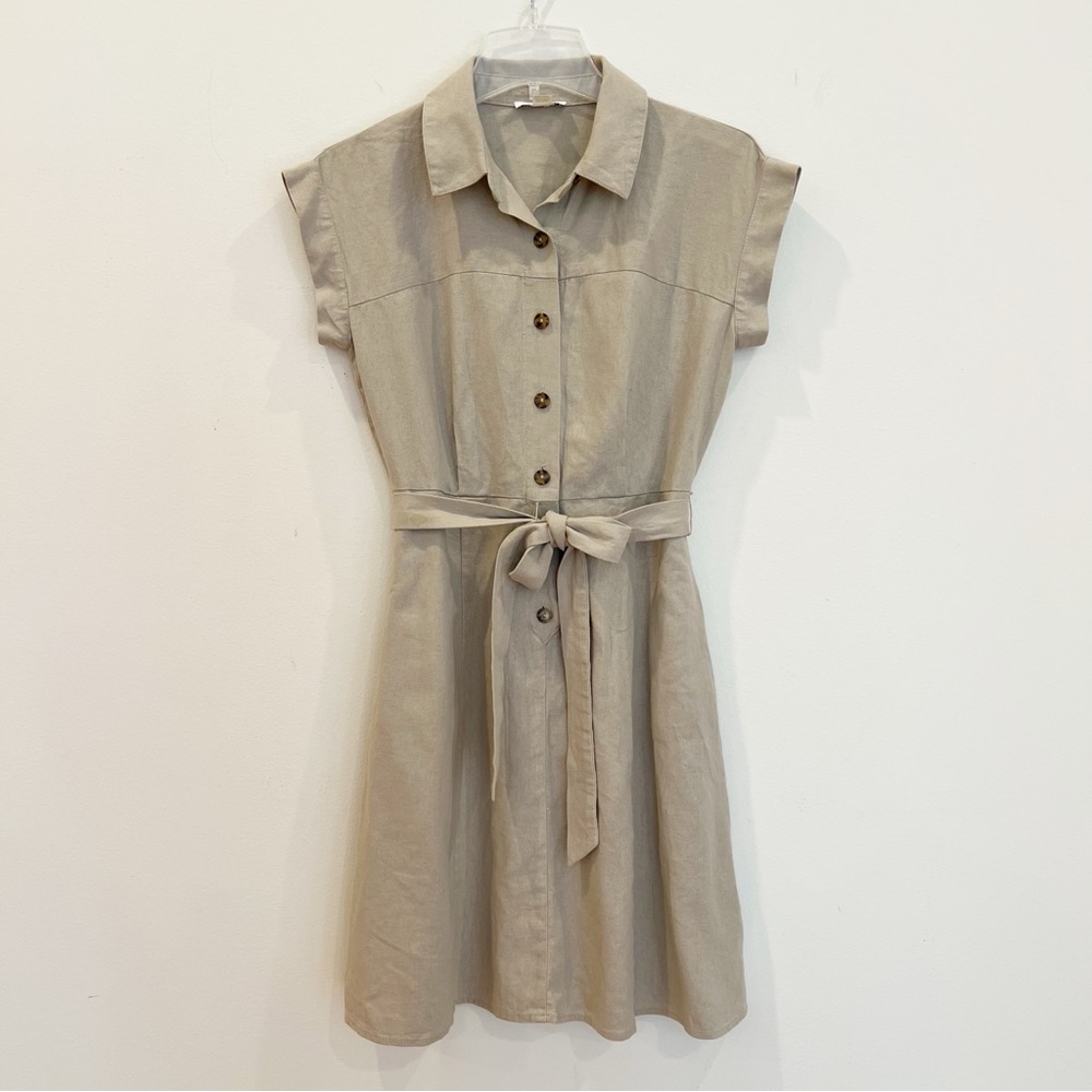 Calvin Klein Dress Women 8 Petite Linen Button Front Belt Pockets Preppy Neutral